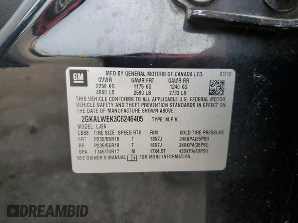 2012 GMC Terrain SLT-2 with VIN 2GKALWEK3C6246405, listed as a Copart auction lot 54199755 with 95,990 mi miles and Salvage Title. Bid and sale history available at DreamBid. Image 14.