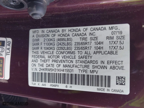2019 Honda CR-V LX with VIN 2HKRW5H31KH415531, listed as a IAAI auction lot 41769399 with 79,584 mi miles. Bid and sale history available at carsss.com. Image 9.