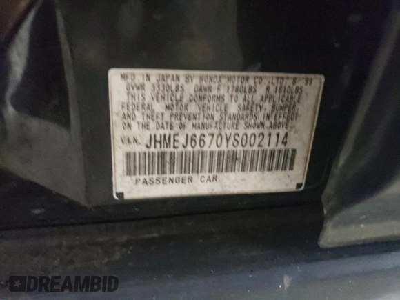 2000 Honda Civic LX with VIN JHMEJ6670YS002114, listed as a Copart auction lot 49373834 with 263,679 mi miles and Salvage Title. Bid and sale history available at DreamBid. Image 13.