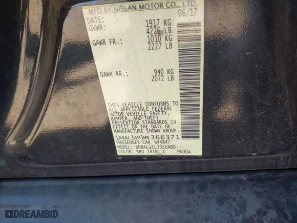 2017 Nissan Altima 2.5 S with VIN 1N4AL3AP3HN366371, listed as a IAAI auction lot 41804040 with 178,776 mi miles. Bid and sale history available at carsss.com. Image 9.