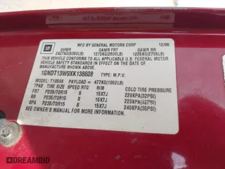 1999 Chevrolet Blazer LS with VIN 1GNDT13W9XK138608, listed as a IAAI auction lot 41531289 with 204,638 mi miles. Bid and sale history available at carsss.com. Image 9.