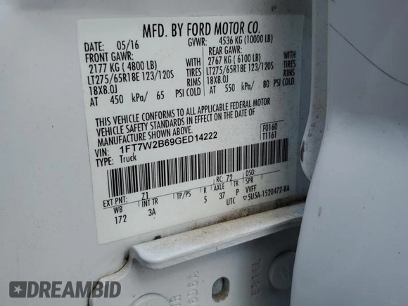 2016 Ford F-250 Lariat with VIN 1FT7W2B69GED14222, listed as a Copart auction lot 56658305 with Not provided miles and Salvage title. Bid and sale history available at DreamBid. Image 13.