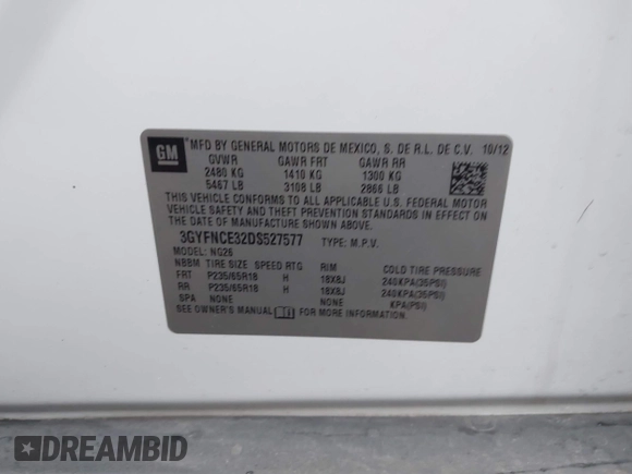 2013 Cadillac SRX Luxury Collection with VIN 3GYFNCE32DS527577, listed as a IAAI auction lot 41916467 with 137,462 mi miles and . Bid and sale history available at DreamBid. Image 9.