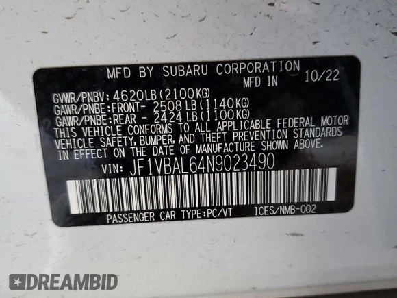 2022 Subaru WRX Limited with VIN JF1VBAL64N9023490, listed as a Copart auction lot 74286734 with 20,957 mi miles and Clean Title. Bid and sale history available at DreamBid. Image 12.