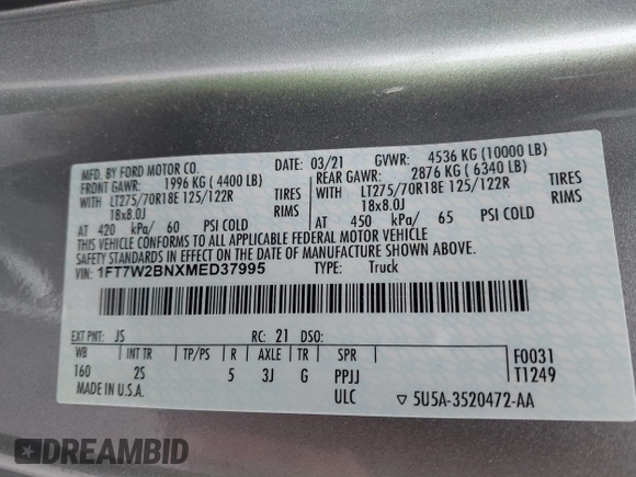 2021 Ford F-250 XL with VIN 1FT7W2BNXMED37995, listed as a IAAI auction lot 42616726 with 39,428 mi miles and . Bid and sale history available at DreamBid. Image 9.