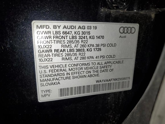 2019 Audi Q7 Prestige z VIN WA1VAAF76KD038075, wystawiony jako Copart lot #56553675 z przebiegiem 43 002 mil mil oraz Szkoda całkowita • Salvage title. Historia ofert i sprzedaży dostępna na DreamBid. Obrazek 13.