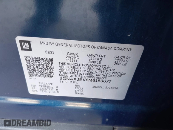 2021 Chevrolet Equinox LT with VIN 2GNAXJEV8M6150677, listed as a IAAI auction lot 41768058 with 120,616 mi miles and . Bid and sale history available at DreamBid. Image 9.
