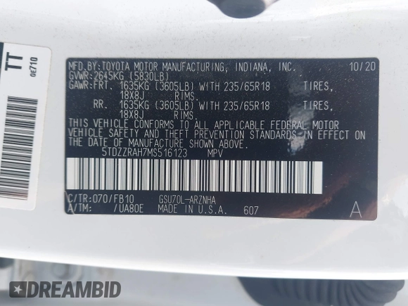 2021 Toyota Highlander L with VIN 5TDZZRAH7MS516123, listed as a IAAI auction lot 42010742 with 63,299 mi miles and . Bid and sale history available at DreamBid. Image 9.