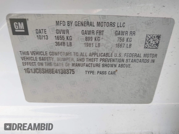 2014 Chevrolet Sonic LT with VIN 1G1JC6SH8E4130375, listed as a IAAI auction lot 41672713 with 167,012 mi miles. Bid and sale history available at carsss.com. Image 9.