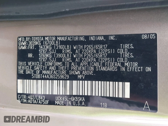 2006 Toyota Sequoia SR5 with VIN 5TDBT44A36S259629, listed as a IAAI auction lot 41887926 with 170,072 mi miles and . Bid and sale history available at DreamBid. Image 9.