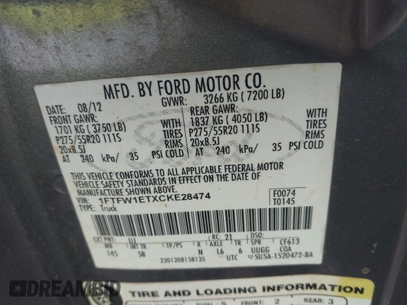 2012 Ford F-150 XL with VIN 1FTFW1ETXCKE28474, listed as a IAAI auction lot 42382011 with 361,764 mi miles and . Bid and sale history available at DreamBid. Image 9.