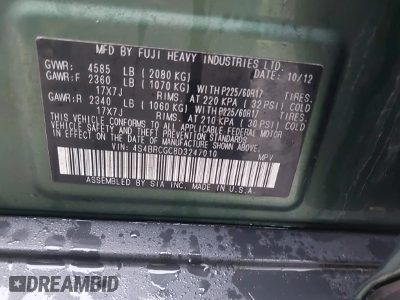 2013 Subaru Outback Premium с VIN 4S4BRCGC8D3247010, выставлен на аукционе IAAI как лот 41212433 с пробегом 221 139 миль миль и . История ставок и продаж доступна на DreamBid. Изображение 9.