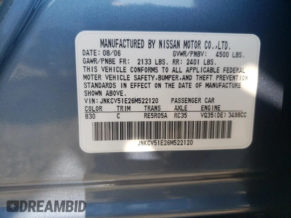 2006 Infiniti G35 with VIN JNKCV51E26M522120, listed as a Copart auction lot 62259174 with 123,641 mi miles and Salvage Title. Bid and sale history available at DreamBid. Image 12.