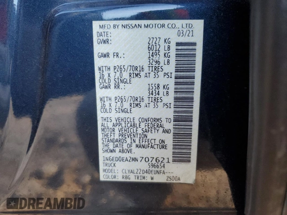 2021 Nissan Frontier SV with VIN 1N6ED0EA2MN707621, listed as a Copart auction lot 49770385 with 43,652 mi miles and Salvage title. Bid and sale history available at DreamBid. Image 14.