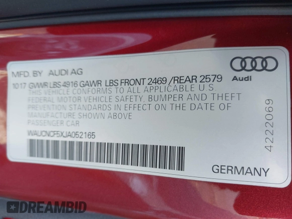 2018 Audi A5 Sportback Prestige z VIN WAUCNCF5XJA052165, wystawiony jako IAAI lot #41321114 z przebiegiem 62 648 mil mil oraz . Historia ofert i sprzedaży dostępna na DreamBid. Obrazek 9.