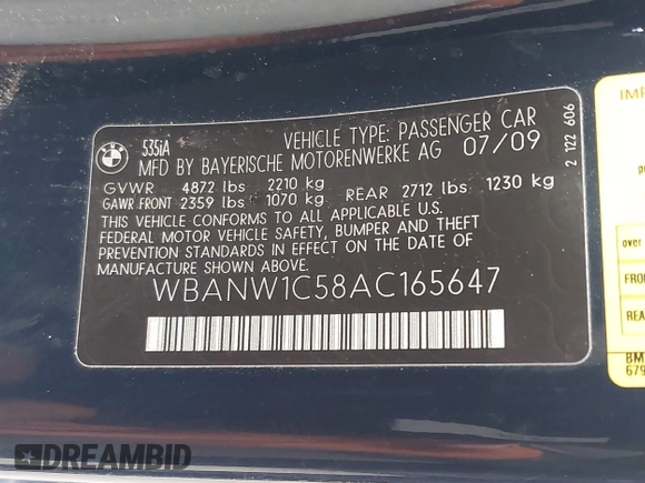 2010 BMW 5 Series 535i with VIN WBANW1C58AC165647, listed as a IAAI auction lot 41741427 with 150,364 mi miles and . Bid and sale history available at carsss.com. Image 9.