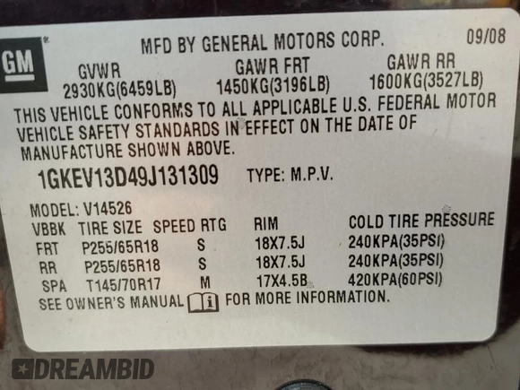 2009 GMC Acadia SLE1 with VIN 1GKEV13D49J131309, listed as a Copart auction lot 68841764 with 152,843 mi miles and Salvage Title. Bid and sale history available at carsss.com. Image 13.