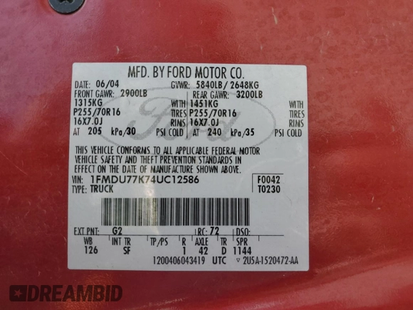 2004 Ford Explorer Sport Trac XLS with VIN 1FMDU77K74UC12586, listed as a Copart auction lot 61240815 with 96,377 mi miles and Salvage title. Bid and sale history available at DreamBid. Image 13.