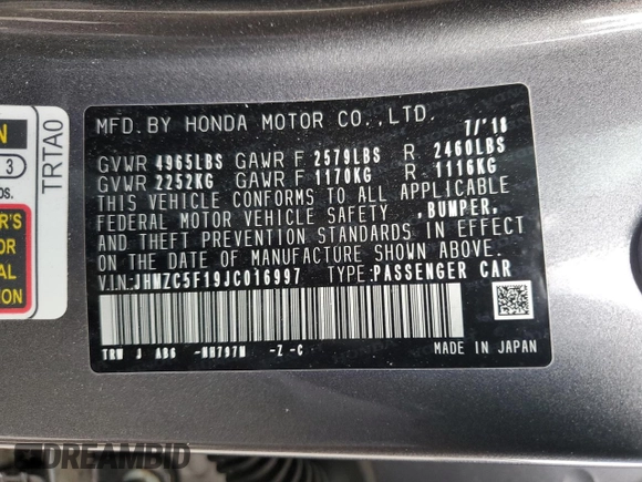 2018 Honda Clarity with VIN JHMZC5F19JC016997, listed as a Copart auction lot 46618465 with 90,038 mi miles and Salvage Title. Bid and sale history available at DreamBid. Image 12.