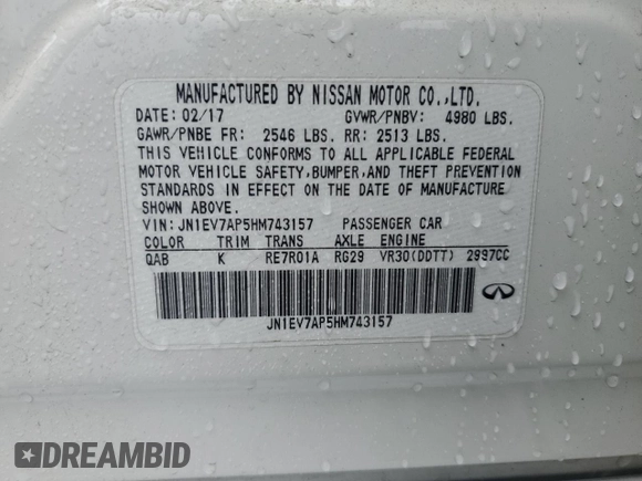 2017 Infiniti Q50 Sport with VIN JN1EV7AP5HM743157, listed as a Copart auction lot 45171125 with 69,641 mi miles and Salvage title. Bid and sale history available at DreamBid. Image 12.