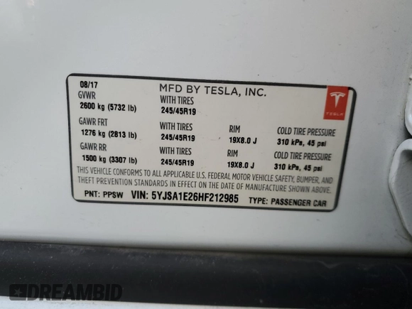 2017 Tesla Model S 100D с VIN 5YJSA1E26HF212985, выставлен на аукционе Copart как лот 46702705 с пробегом 58 179 миль миль и Списание • Salvage title. История ставок и продаж доступна на DreamBid. Изображение 12.