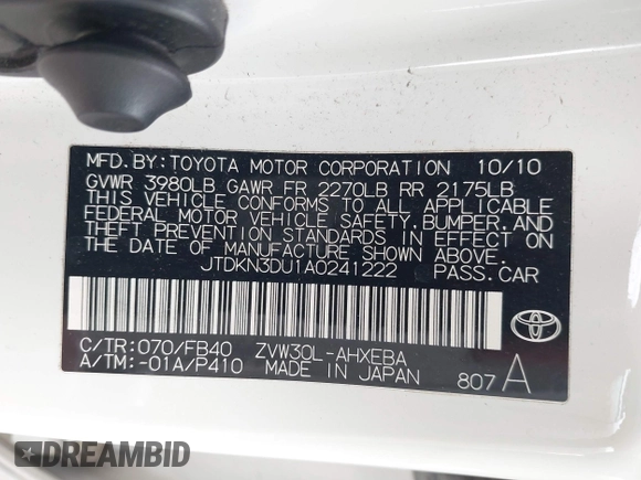 2010 Toyota Prius II with VIN JTDKN3DU1A0241222, listed as a IAAI auction lot 42102110 with 199,895 mi miles. Bid and sale history available at carsss.com. Image 9.