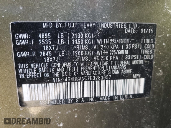 2015 Subaru Outback Limited with VIN 4S4BSANC7F3283057, listed as a Copart auction lot 51831575 with 90,734 mi miles and Salvage Title. Bid and sale history available at DreamBid. Image 13.
