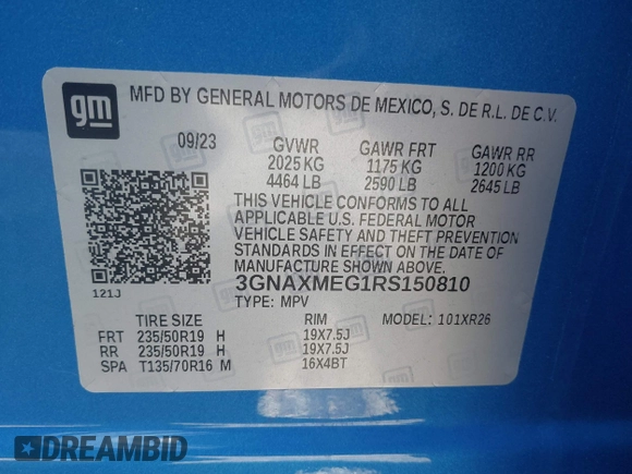 2024 Chevrolet Equinox RS with VIN 3GNAXMEG1RS150810, listed as a IAAI auction lot 41985283 with 36,237 mi miles and . Bid and sale history available at DreamBid. Image 9.