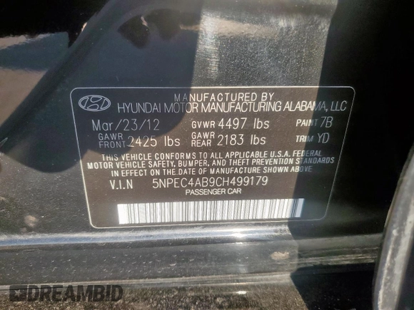 2012 Hyundai Sonata Limited with VIN 5NPEC4AB9CH499179, listed as a Copart auction lot 56011435 with 89,673 mi miles and Salvage title. Bid and sale history available at DreamBid. Image 12.