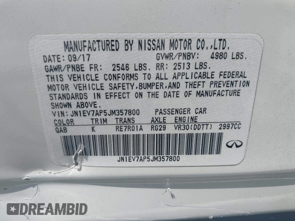 2018 Infiniti Q50 Luxe with VIN JN1EV7AP5JM357800, listed as a IAAI auction lot 42509776 with Not provided miles and . Bid and sale history available at DreamBid. Image 9.