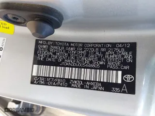 2012 Toyota Prius One with VIN JTDKN3DU0C5448805, listed as a IAAI auction lot 41837308 with 251,217 mi miles. Bid and sale history available at carsss.com. Image 9.