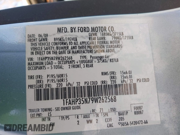 2009 Ford Focus SE z VIN 1FAHP35N79W262568, wystawiony jako IAAI lot #41288346 z przebiegiem 138 902 mil mil oraz . Historia ofert i sprzedaży dostępna na DreamBid. Obrazek 9.