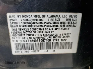 2005 Honda Pilot EX with VIN 5FNYF18495B067400, listed as a Copart auction lot 55572315 with 323,703 mi miles and Clean Title. Bid and sale history available at DreamBid. Image 13.