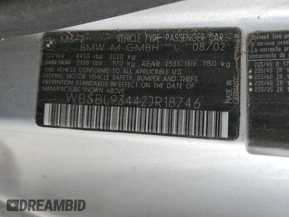 2002 BMW 3 Series M3 with VIN WBSBL93442JR18746, listed as a Copart auction lot 85567394 with 141,811 mi miles and Salvage Title. Bid and sale history available at DreamBid. Image 14.