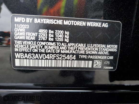 2024 BMW 4 Series 430i with VIN WBA63AV04RFS25464, listed as a Copart auction lot 53543965 with 18,008 mi miles and Salvage title. Bid and sale history available at DreamBid. Image 13.