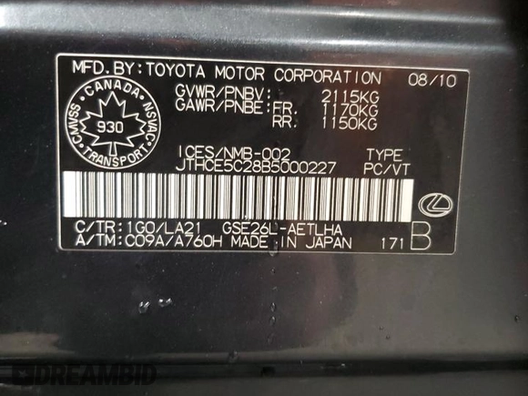 2011 Lexus IS 350 with VIN JTHCE5C28B5000227, listed as a Copart auction lot 46902595 with 109,838 mi miles and Clean title. Bid and sale history available at DreamBid. Image 12.