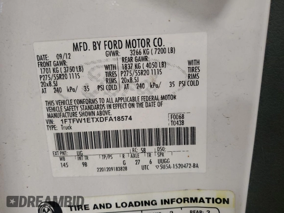 2013 Ford F-150 XL with VIN 1FTFW1ETXDFA18574, listed as a Copart auction lot 46163535 with 221,320 mi miles and Clean title. Bid and sale history available at DreamBid. Image 12.