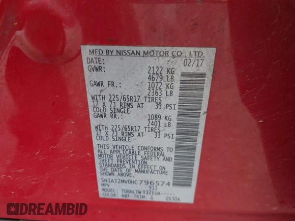 2017 Nissan Rogue SL with VIN 5N1AT2MV0HC796574, listed as a IAAI auction lot 42556921 with 180,752 mi miles and . Bid and sale history available at DreamBid. Image 9.