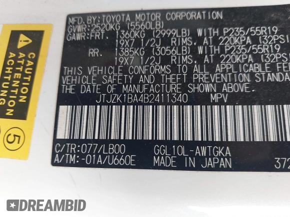 2011 Lexus RX 350 with VIN JTJZK1BA4B2411340, listed as a IAAI auction lot 42465830 with 185,359 mi miles and . Bid and sale history available at DreamBid. Image 9.