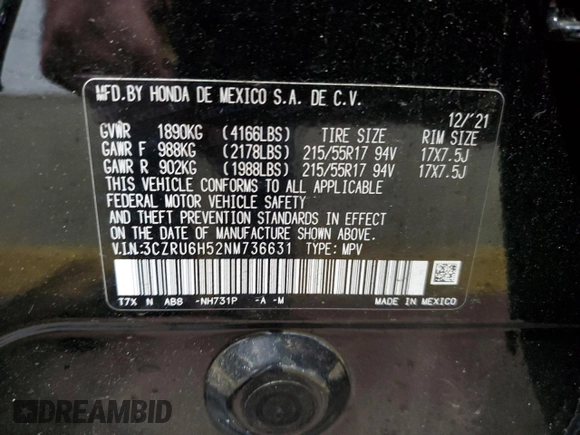 2022 Honda HR-V EX with VIN 3CZRU6H52NM736631, listed as a Copart auction lot 51266625 with 15,423 mi miles and Salvage Title. Bid and sale history available at carsss.com. Image 13.