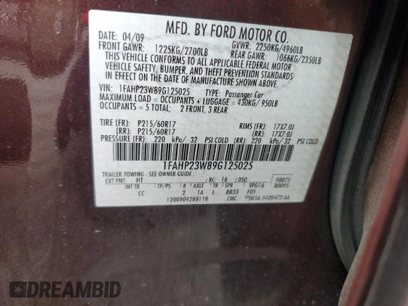 2009 Ford Taurus SE with VIN 1FAHP23W89G125025, listed as a Copart auction lot 80710004 with 114,176 mi miles and Salvage Title. Bid and sale history available at carsss.com. Image 13.