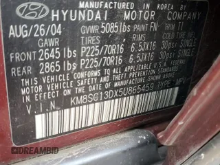 2005 Hyundai Santa Fe GLS with VIN KM8SC13DX5U865459, listed as a Copart auction lot 74367634 with 158,650 mi miles and Clean Title. Bid and sale history available at carsss.com. Image 13.