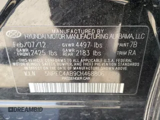 2012 Hyundai Sonata Limited with VIN 5NPEC4AB9CH468806, listed as a Copart auction lot 64427185 with 70,902 mi miles and Salvage title. Bid and sale history available at DreamBid. Image 12.