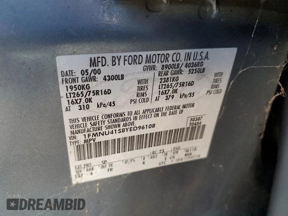 2000 Ford Excursion XLT z VIN 1FMNU41S8YED96108, wystawiony jako Copart lot #89351655 z przebiegiem 141 351 mil mil oraz Szkoda całkowita • Salvage title. Historia ofert i sprzedaży dostępna na DreamBid. Obrazek 13.