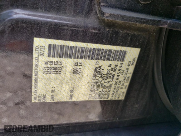 2013 Nissan Maxima S with VIN 1N4AA5AP3DC845834, listed as a Copart auction lot 55422865 with 106,938 mi miles and Salvage Title. Bid and sale history available at DreamBid. Image 13.