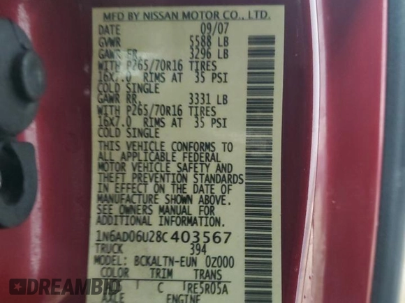 2008 Nissan Frontier SE with VIN 1N6AD06U28C403567, listed as a Copart auction lot 42154835 with 102,225 mi miles and Salvage title. Bid and sale history available at DreamBid. Image 14.