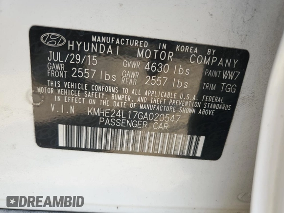2016 Hyundai Sonata Hybrid SE with VIN KMHE24L17GA020547, listed as a Copart auction lot 66882603 with 82,070 mi miles. Bid and sale history available at carsss.com. Image 13.
