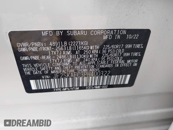 2023 Subaru Forester Premium with VIN JF2SKAEC3PH400322, listed as a IAAI auction lot 42317438 with 16,400 mi miles and . Bid and sale history available at DreamBid. Image 9.