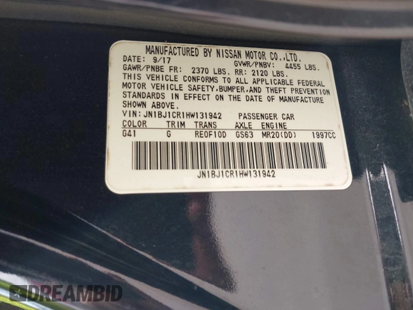 2017 Nissan Rogue Sport SL with VIN JN1BJ1CR1HW131942, listed as a IAAI auction lot 41784228 with 70,660 mi miles. Bid and sale history available at carsss.com. Image 9.