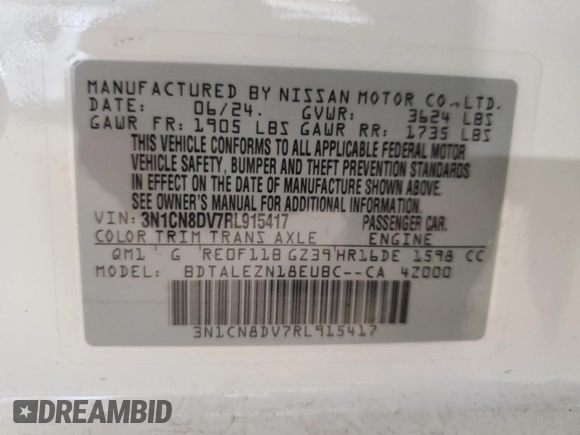 2024 Nissan Versa S with VIN 3N1CN8DV7RL915417, listed as a Copart auction lot 50008175 with 12,221 mi miles and Clean Title. Bid and sale history available at DreamBid. Image 12.